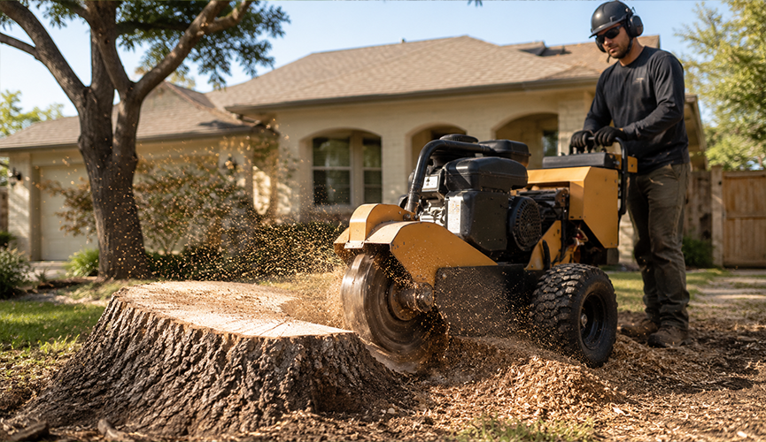 Professional tree worker using a yellow stump grinder machine to remove a large tree stump in a residential front yard.