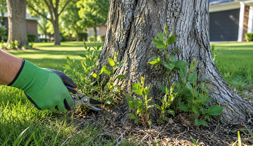 A gardener using hand pruners to cut green tree sprouts growing at the base of a large tree trunk.