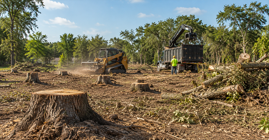 Heavy machinery clearing a large plot of land, featuring a skid steer loader and a dump truck with a grapple arm loading logs surrounded by numerous tree stumps.
