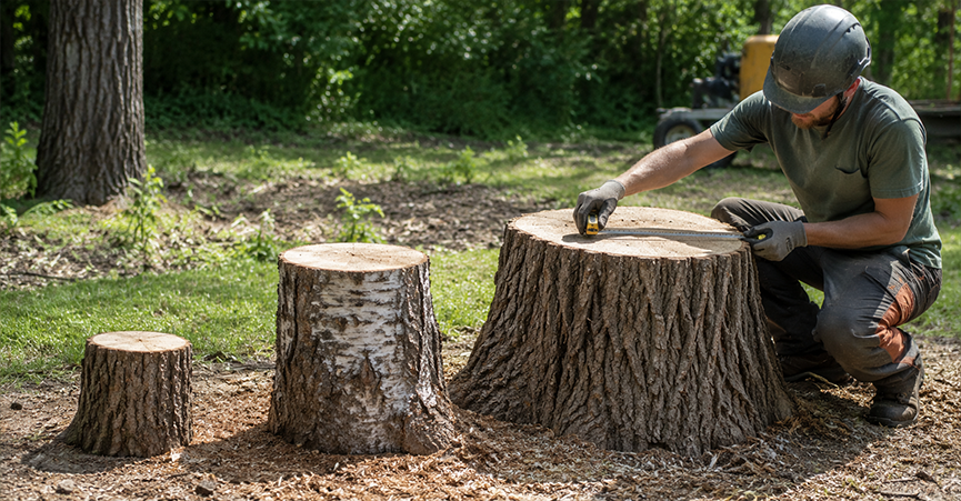 An arborist measuring the diameter of a large tree stump with a tape measure next to two smaller stumps of different tree species to calculate removal costs.