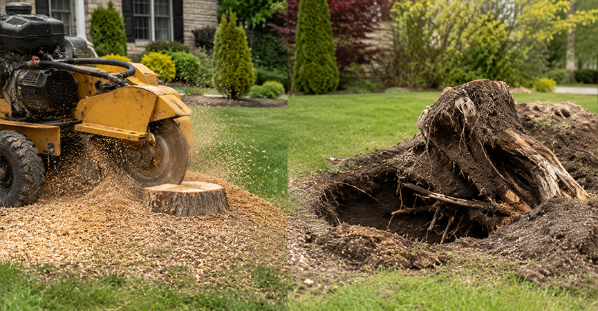 A side-by-side comparison of tree stump grinding using a motorized grinder on the left, and a full stump removal leaving a large hole and exposed roots on the right.