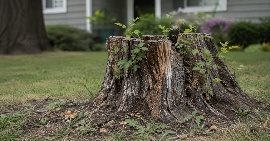 Old rotting tree stump in a residential lawn with new green sprouts and wild mushrooms growing around the base.