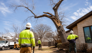 Professional tree removal crew evaluating a severely damaged and split tree leaning dangerously close to a residential house, with a tree service truck and crane parked in the background.