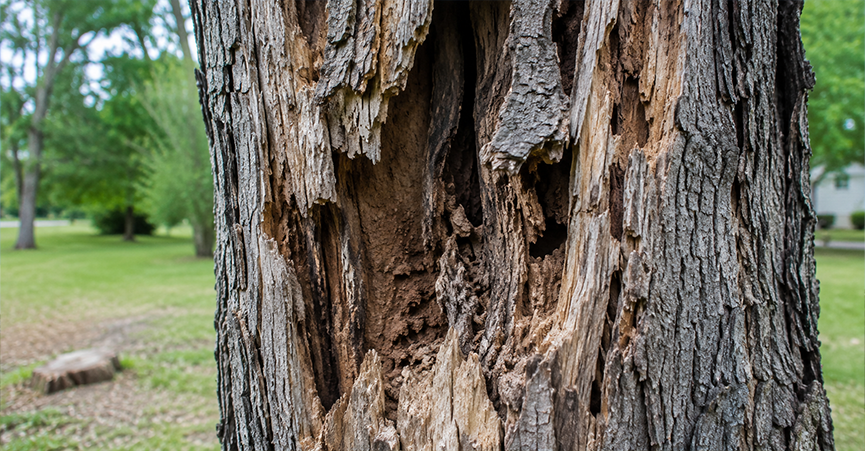Close-up of a damaged tree trunk showing deep bark cavities, decaying wood, and structural cracks, indicating a diseased or dying tree that may require removal.