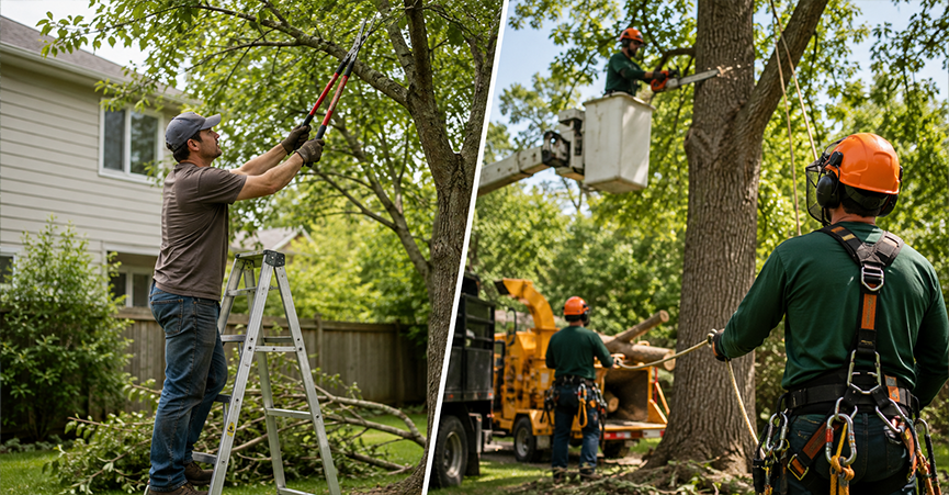 Side-by-side comparison of DIY vs. professional tree services, showing a homeowner using loppers on a stepladder on the left, and a professional crew using a bucket truck, chainsaw, and safety harnesses on the right.