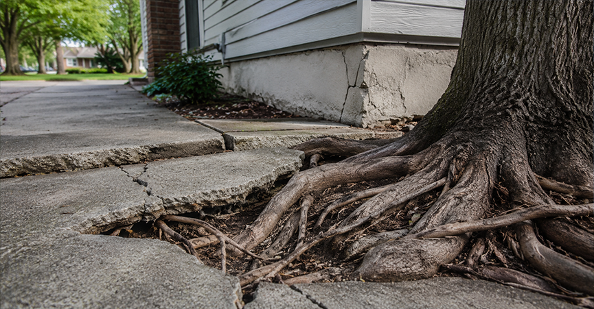 Large tree roots growing under a concrete walkway, causing severe cracking and sidewalk upheaval next to a cracked home foundation.