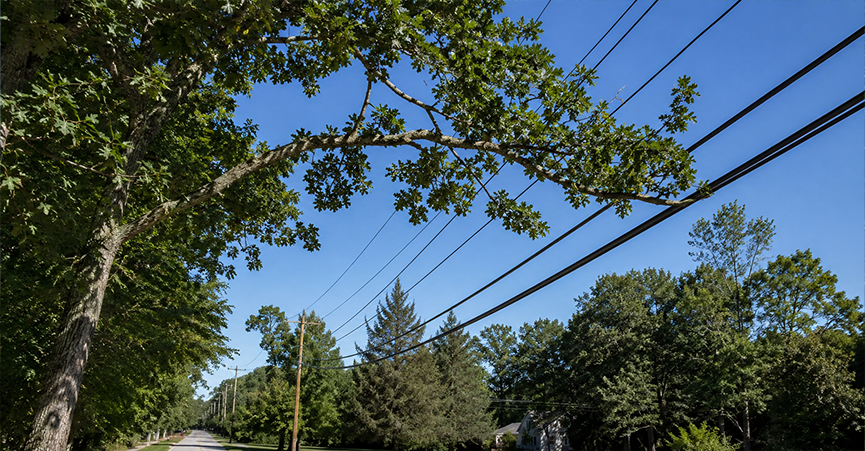 Large oak tree branches growing precariously close to overhead utility power lines along a residential street.