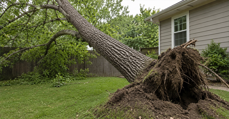 A large tree with severe trunk leaning and total root upheaval toppled over in a residential backyard next to a house, exposing its root ball and soil.