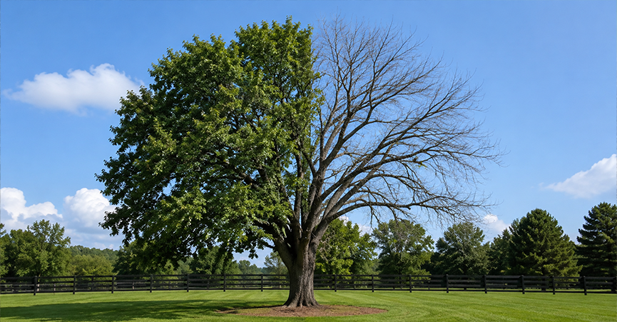 A large tree demonstrating the 50% rule for tree removal, featuring one half of the canopy full of green leaves and the other half completely dead and bare.