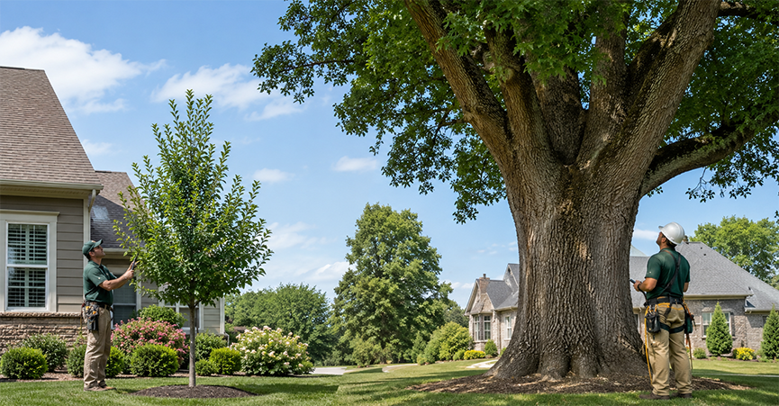 Comparison of tree sizes for pruning, showing an arborist trimming a small young tree on the left and another looking up at a massive mature oak tree trunk on the right.