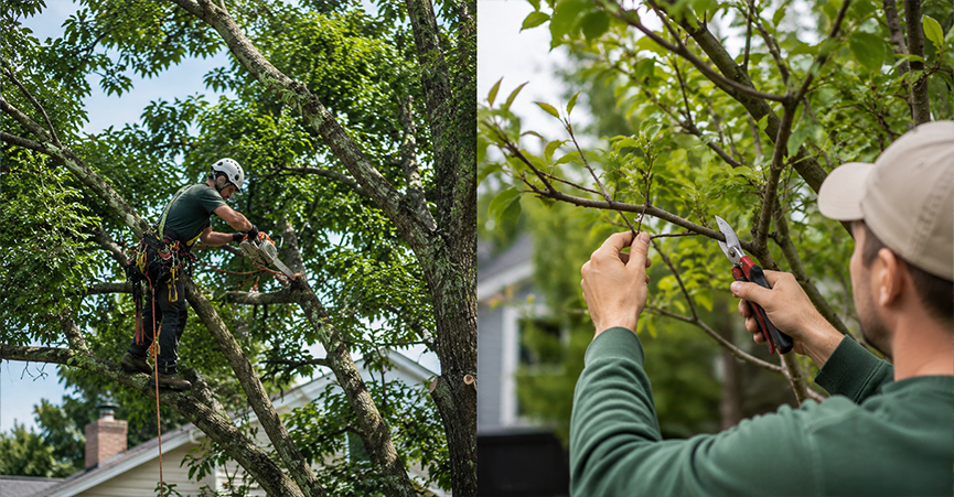Side-by-side comparison of tree trimming vs. tree pruning, showing an arborist cutting large branches with a chainsaw on the left, and a gardener using hand shears for detailed pruning on the right.
